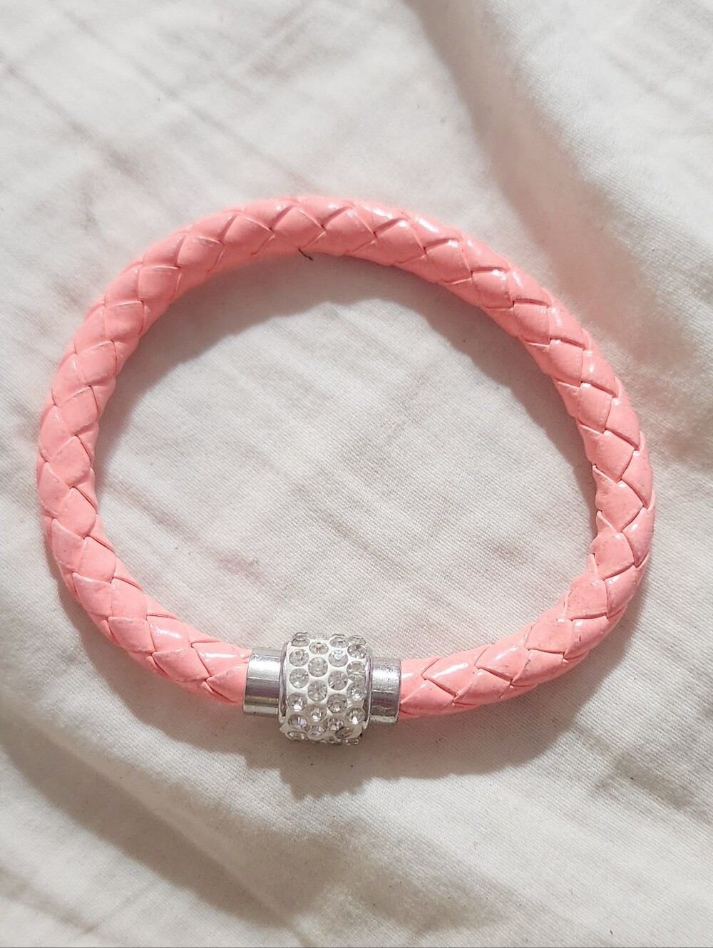 Pink Braided Leather Bracelet with Crystal Magnetic Clasp